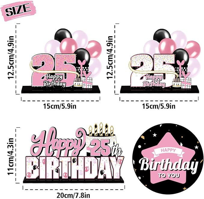 LINGTEER Happy 25th Birthday Pink Acrylic Table Topper Centerpieces Set - Cheers to 25 Years Old Birthday 25th Bday Party Gift Decorations.