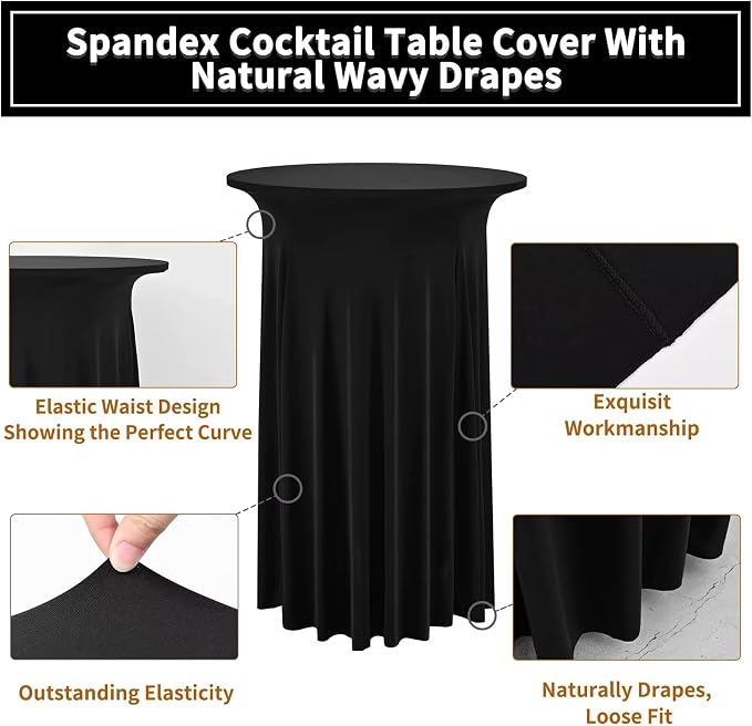 2 Packs Round Cocktail Table Skirt 24"x 43" Spandex Stretch Cocktail Tablecloth with Wavy Drapes, Black Spandex Fitted High Top Table Covers for Wedding Bar Party Birthday Banquet Table