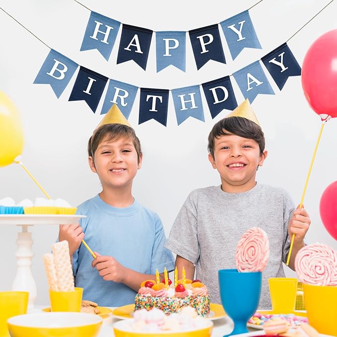 Pre-Strung Blue Happy Birthday Banner, No DIY Burlap Banner, Colorful Party Decorations for Boys, Reusable Fabric, Ready to Hang Birthday Decor