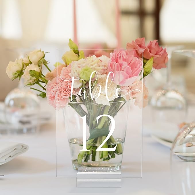 JINMURY Acrylic Wedding Table Numbers 1-25 with Stand- 4x6 Inch Clear Signs Printed Calligraphy Font, Clear Acrylic Table Numbers with Holder for Wedding Party Reception