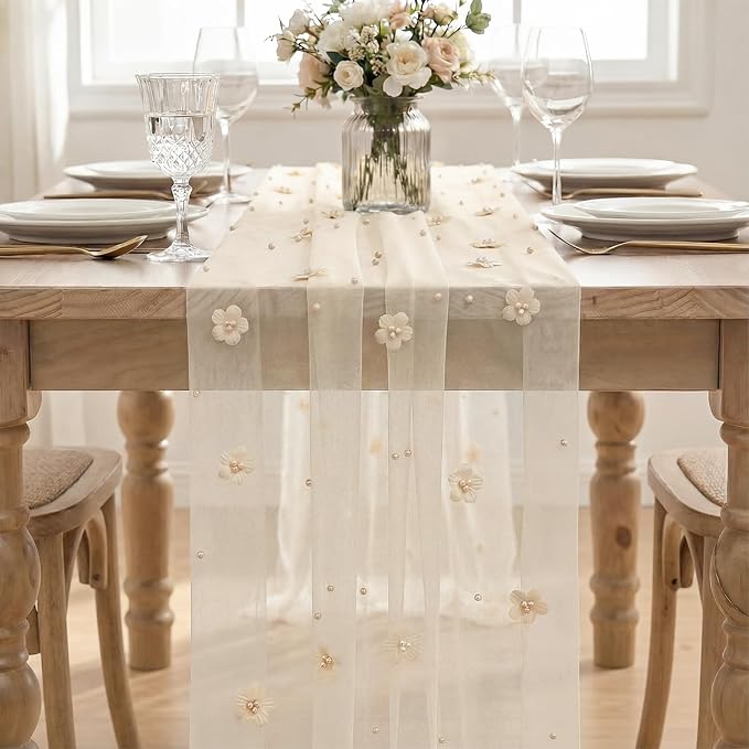 Artoid Mode Flower Pearl Champagne Gauze Table Runner 10FT 3PC, Seasonal Sheer Dining Holiday Wedding Birthday Baby Shower Table Decor for Home Party