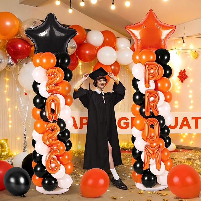 2 Sets Graduation Balloon Column Stand Kits with 132 PCS Orange Black White Latex Balloons 2026 Letters 6.5 Ft Adjustable Metal Tube Telescopic Tower Pillar with Base for Graduation Party Decoration