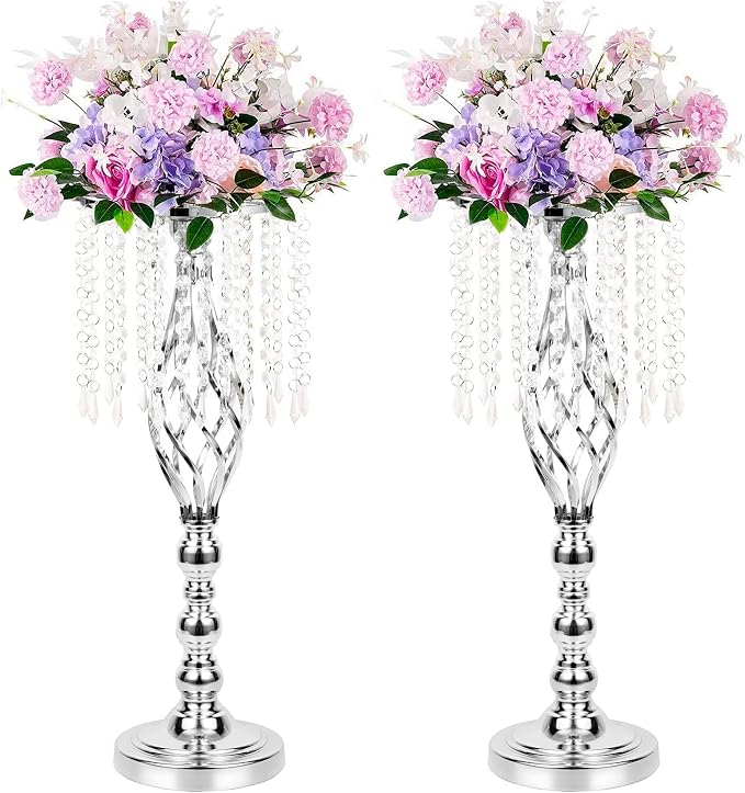 2pcs Silver Metal Flower Vases Crystal Flower Stand Wedding Centerpieces for Tables Party Dinner Event Restaurant Hotel Decoration