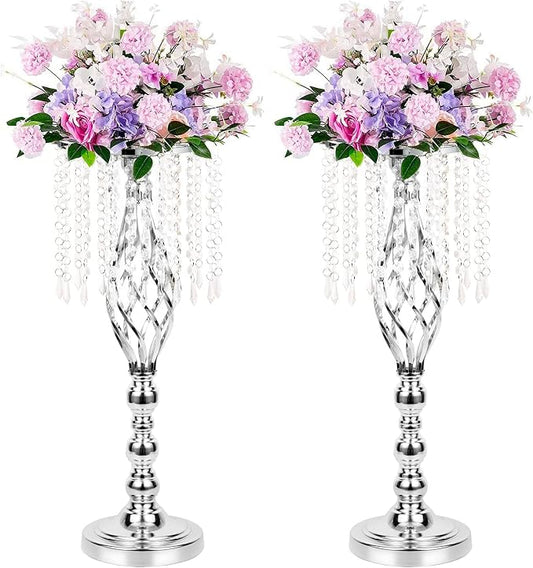 2pcs Silver Metal Flower Vases Crystal Flower Stand Wedding Centerpieces for Tables Party Dinner Event Restaurant Hotel Decoration