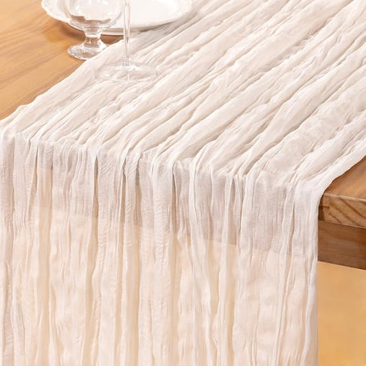 DeZerlor Ivory White Cheesecloth Table Runner Spring Easter Table Runner Boho Gauze 120 Inches White Cheese Cloth Table Decor for Wedding Bridal Baby Shower Parties