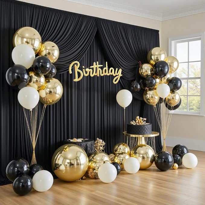 50ft×12ft Black Backdrop Curtain for Wedding Parties, 10 Panels Wrinkle Free Polyester Photo Backdrop Drapes Back Drop Cloth for Birthday Photography Background