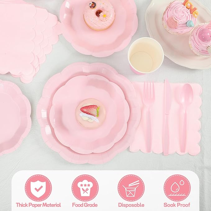 175 Pcs Pink Paper Plates and Napkins Set Include 9" Mothers Day Plates, 7" Dessert Plate Disposable Scalloped Tableware Serve 25 Guest for Wedding Baby Shower Bridal Shower Birthday Mother's Day