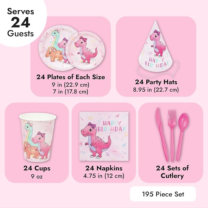 195-Piece Pink Baby Girl Dinosaur Birthday Party Supplies with Plates, Napkins, Cups, Cutlery, Banner, Hats, Table Covers (Serves 24) - Pastel Pink Dinosaur Party Decorations