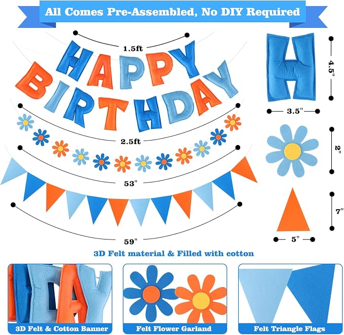 YEOCU Happy Birthday Decorations, No DIY, Pre-Strung 3D Banner | Blue & Orange, 3D felt banner, flower garland & flags. No DIY, reusable for kids & women.