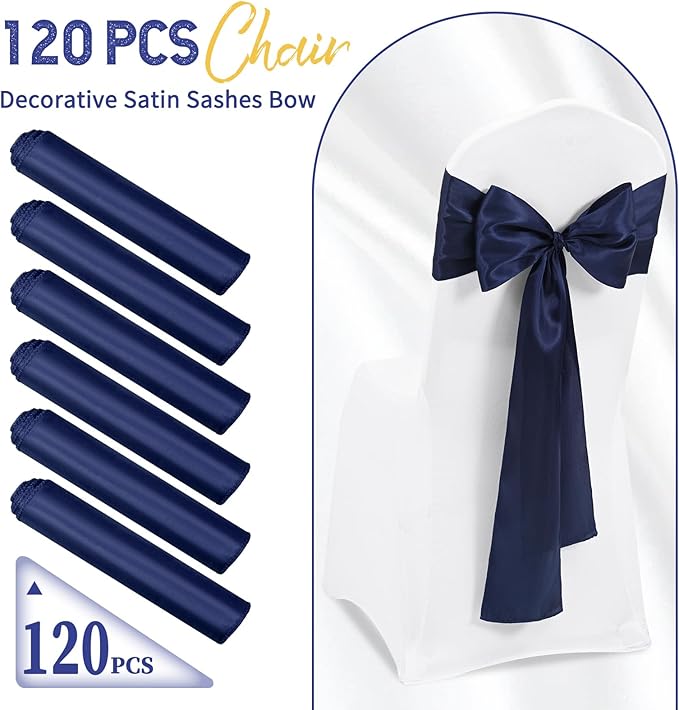 120 PCS Navy Blue Satin Chair Sashes, Ties Bows Designed Chairs Decorative, Chair Cover Sashes for Thanksgiving Wedding Christmas Banquet Party Home Kitchen Decoration (7 x 108 inch)