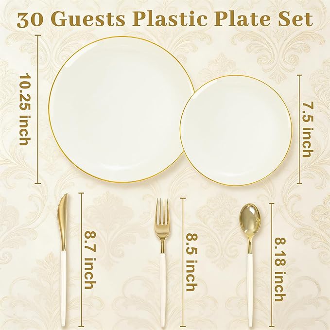 DaYammi 150Pcs Ivory Plastic Plates with Gold Rim,Disposable Plastic Plates Include 30 Dinner Plate,30 Salad Plate,30 Forks,30 Spoons,30 Knives,Ivory and Gold Plates for Party,Wedding,Mother's Day