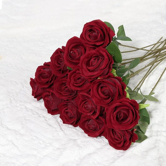 25 Pcs Artificial Silk Roses Flowers Bulk Realistic Long Stem Faux Flower Bouquet for Wedding Centerpieces, Valentine's Day Decor, Home Arrangements, Table Decorations (Wine Red)