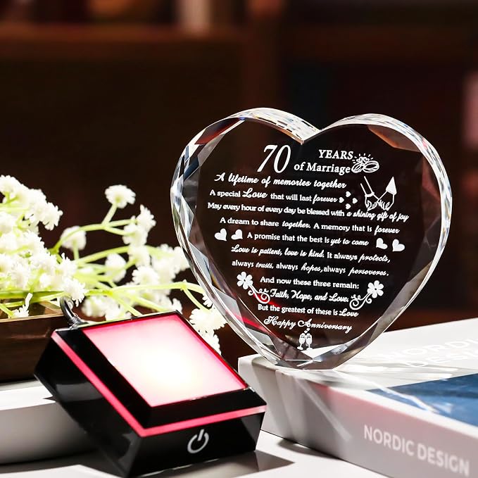Happy 70th Wedding Anniversary Crystal Gifts for Couples Parents with Colorful LED Base, Romantic Heart 70th Anniversary Keepsake Gifts for Her Him, 70 Years of Marriage Gift for Wife Husband