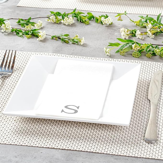 Luxenap 15.8 X 7.9 Inch Linen-Feel Guest Towels, 50 Lettered Hand Towels - Silver Letter 'S', Sans Serif Font, White Paper Dinner Napkins, airlaid, For Restrooms And Tables - Restaurantware
