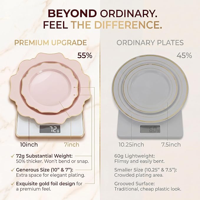WDF 175Pcs Pink Plastic Plates - Pink and Gold Plates Disposable 25guest Plastic Dinnerware Ideal for Bridal Shower/Wedding/Baby Shower/Spring Party