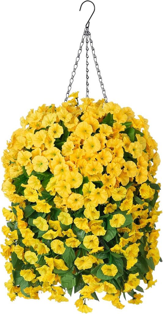 Ammyoo Artificial Faux Hanging Flowers Basket for Spring Summer Outdoor Porch Decor, Fake Silk Colorful Morning Glory Eucalyptus in Planter UV Resistant Look Real for Home Balcony Yard(Yellow)