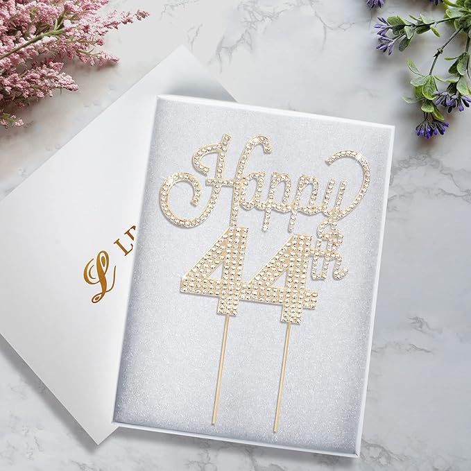 LINGTEER Happy 44th Birthday Gold Rhinestone Cake Topper - Cheers to 44th Birthday 44 Years Old Anniversary Party Cake Centerpieces Topper Decorations Gift Sign.
