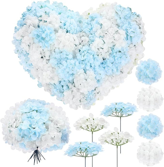 Zeyune 200 Pcs Artificial White Blue Hydrangea Flowers with Stems Silk Fake Hydrangea Bouquet for Wedding Arch Backdrop Table Centerpieces DIY Floral Home Party Decoration