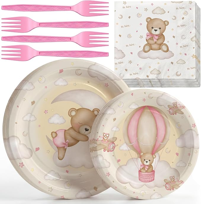 Teddy Bear Baby Shower Plates and Napkins Set for Girl – We Can Bearly Wait Baby Shower Decorations – Serves 20, Paper Plates, Napkins – Bear Party Supplies Decorations Tableware for Birthday