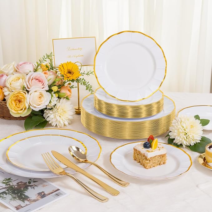 ejonirinjonir EI 150pcs White Plastic Plates with Gold Plastic Silverware,Disposable Plate Heavy Duty,White Dinnerware Set,Elegant Plates for Party,Wedding,Afternoon Tea,Spring,Valentine's Day