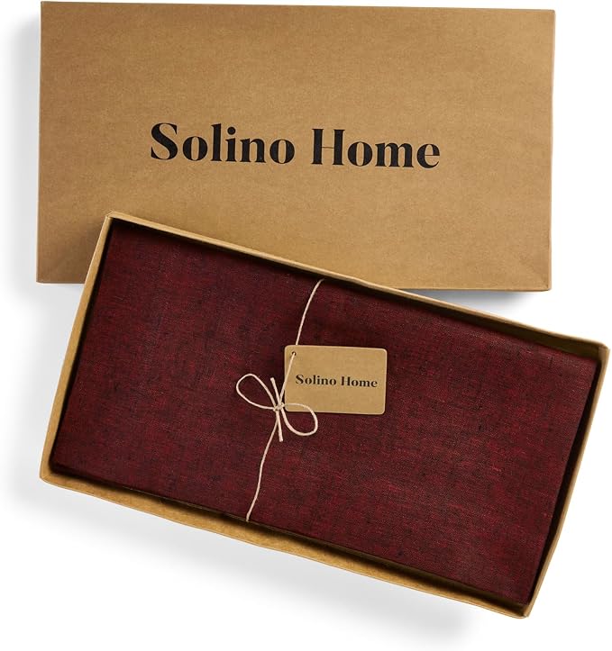 Solino Home Square Linen Tablecloth 52 x 52 Inch - 100% Pure Linen Red Garnet Table Throw - Athena, Machine Washable Tablecloth