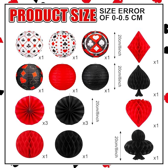 Baquler 18 Pcs Casino Party Decoration 3D Poker Hanging Paper Lantern Red and Black Fans Honeycomb Ball for Las Vegas Game Casino Night Birthday Party Ceiling Decor Supplies
