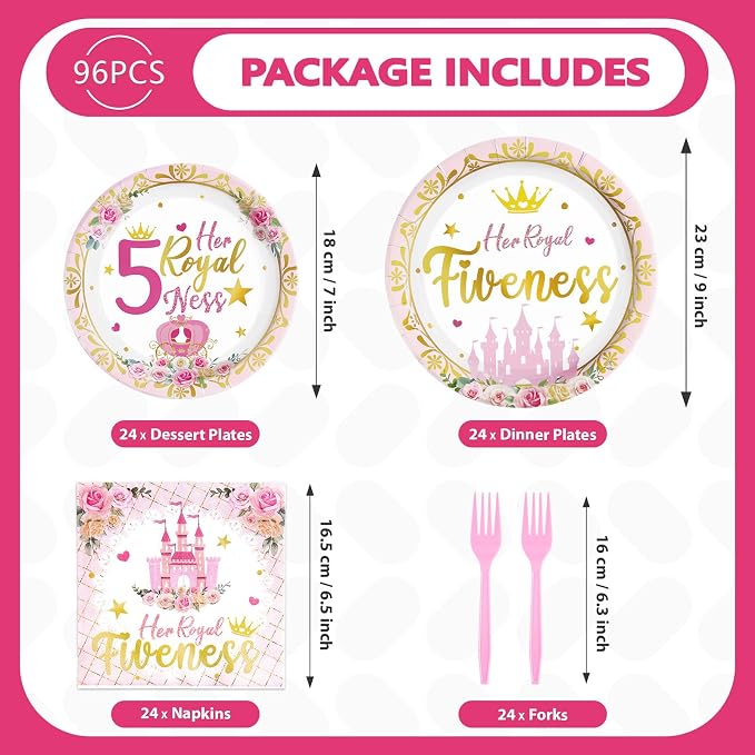Grencian 96Pcs Princess Birthday Decorations Pink Princess 5th Birthday Party Plates and Napkins Disposable Her Royal Fiveness Paper Tableware for Girls 5 Year Old Castle Party Supplies, Serves 24