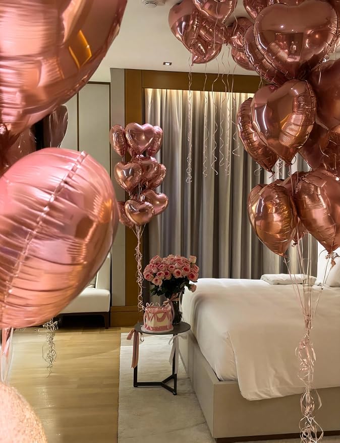 Rose Gold Anniversary Decorations Set, Heart Balloons with Happy Anniversary Banner and LOVE Foil Balloon, Romantic Decorations for a Special Night, Valentines Day Anniversary Party Surprise