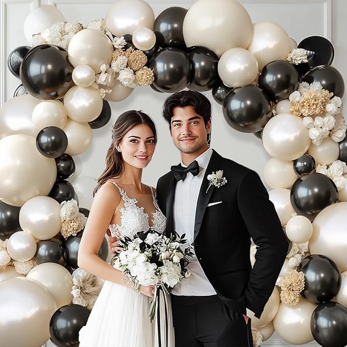 Black and White Balloons Arch Kit - 119 PCs Double Stuffed Cream and Black Balloons Garland Pearl White Sand Beige Ivory Balloons for Wedding Coquette Birthday Party Decorations