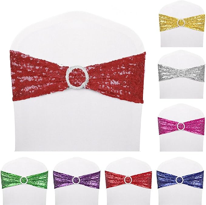 Dimatic 50 PCS Stretch Sequin Chair Sashes Chair Stretchy Spandex Bands for Wedding Reception Events Banquets Chairs Decoration (Red)