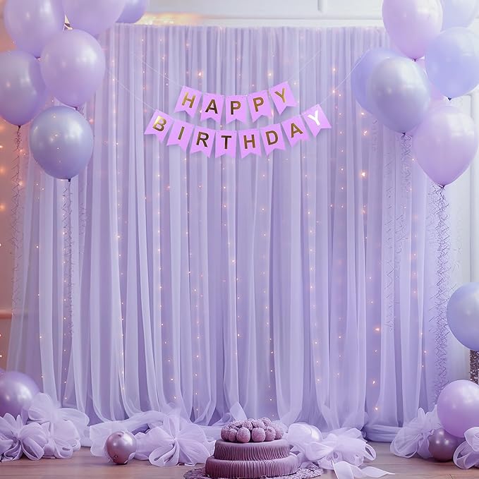 10x10ft Purple Tulle Backdrop Curtain with Lights String for Parites, Sheer Photo Backdrop Curtains for Wedding Baby Shower Birthday Party Photo Shoot Decorations
