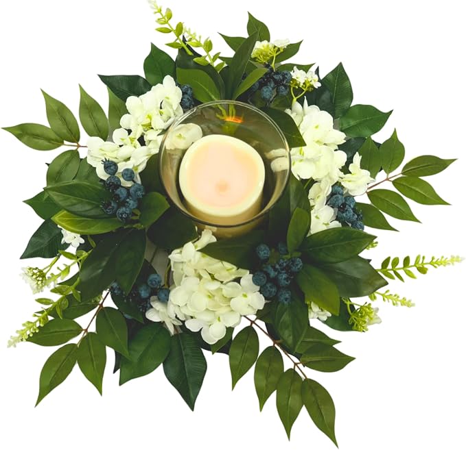 All Season Floral Arrangement Centerpiece for Table Glass Candle Holders with Artificial Hydrangea Flowers Blueberry Eucalyptus Leaves for Dining Room Indoor Outdoor Home Decor