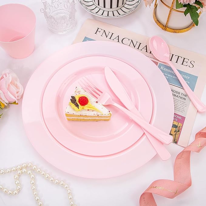 KIRE 150 Pieces Pink Plastic Plates Disposable - Pink Dinnerware Set Include 25 Dinner & 25 Salad Plates 25 Forks 25 Knives 25 Spoons 25 Cups for Baby Shower/Bridal Shower/Mother's Day