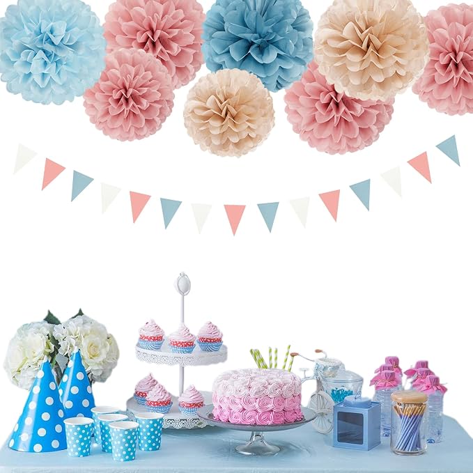 Dusty-Blue Pink Party-Decorations Paper Lanterns - 15pc Gender Reveal Tissue Pom Poms Streamers,Birthday Bachelorette Bridal Baby Shower Engagement Wedding Decor Panduola