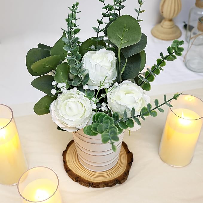 6 PCS Large Wedding Flower Table Centerpieces - 10 Inches Artificial Floral Arrangement with Rustic Tall Metal Vase for Wedding Birthday Party Bridal Baby Shower Event Decorations - White