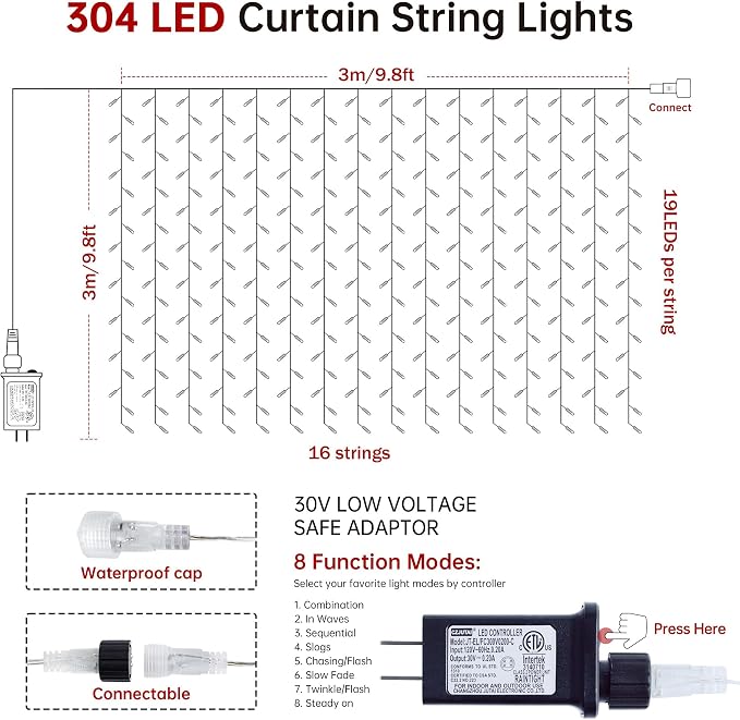 HEYFUNi 304 LED Curtain Lights Outdoor, 9.8Ft*9.8Ft Hanging String Lights Plug in with 8 Modes, Connectable Curtain Fairy Lights for Bedroom, Dorm, Christmas, Wall, Backdrop, Wedding Decor, Warm White