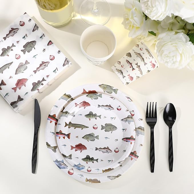Ziliny 350 Pcs Fishing Party Supplies Tableware Set Disposable 9'' 7'' Paper Plates 9 oz Cups Cutlery Napkins Dinnerware Set for 1st Birthday, Serve 50 (Fishing Birthday, White, Red)