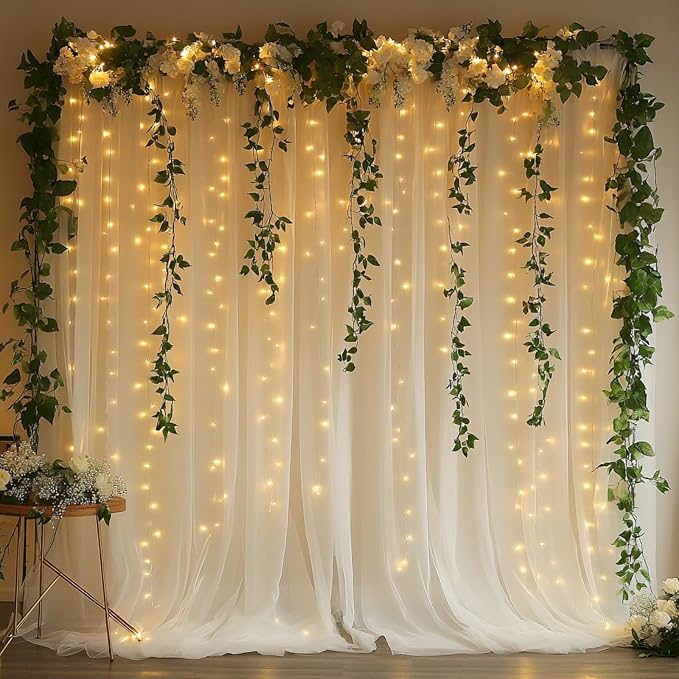 Tulle Curtain Backdrop with 300 LED Fairy Lights for Parites Wrinkle-Free Sheer Curtain Drapes Photo Back Drop for Wedding Baby Shower Bridal Shower Birthday Home Décor - 10ft×10ft, Ivory