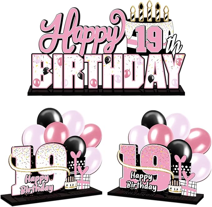 LINGTEER Happy 19th Birthday Pink Acrylic Table Topper Centerpieces Set - Cheers to 19 Years Old Birthday Nineteen Bday Party Gift Decorations.