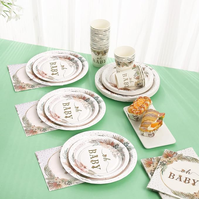 350 Pcs Boho Baby Shower Decorations for Girl, Baby Shower Plates and Cups and Napkins Sets, Oh Baby Plates for Western Sweet Baby Girl, Summer Fall Gender Neutral, Serves 50