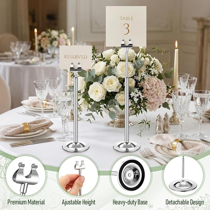 Kathfly Silver 12 Set Table Number Holders Adjustable Metal Place Card Holders Harp-clip Tabletop Sign Stands Detachable Card Holder for Weddings Birthday Restaurants Table Decor (7.9-13.2 Inch)