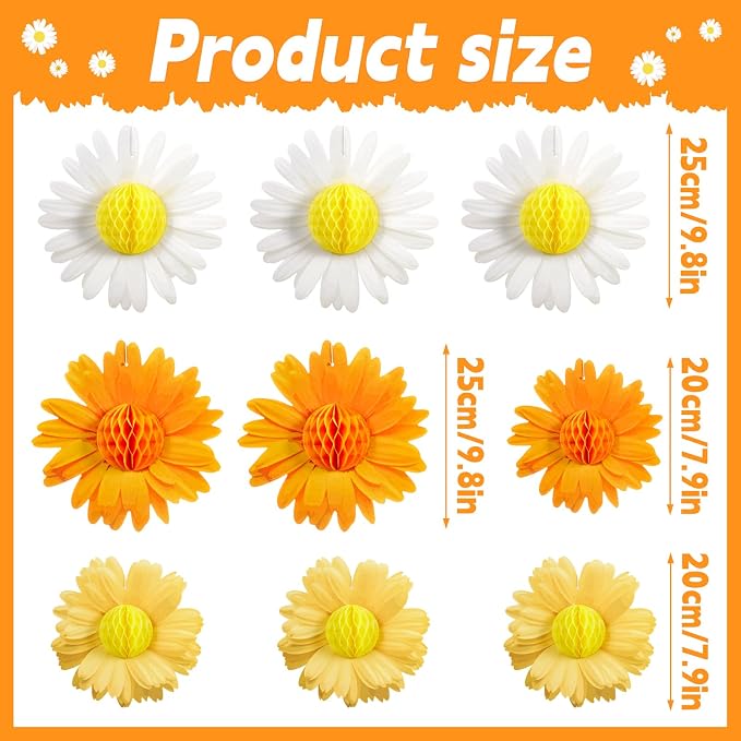 SUNBEAUTY 9PCS Paper Flower Party Decorations Yellow Orange Giant Paper Flowers 3D Daisy Honeycomb Hanging Decorations for Girls Birthday Boho Sun Party Spring Garden Wedding Classroom Baby Shower