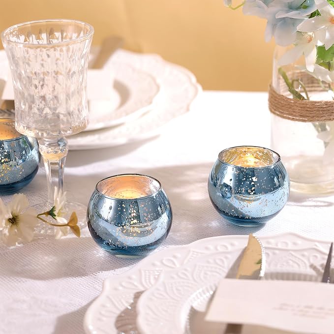 36 Pcs Blue Votive Candle Holders - Mercury Glass Tealight Holders for Dusty Blue Wedding Decor, Centerpiece Table Decorations