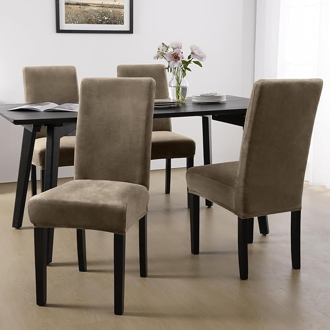 MOSAYT Velvet Stretch Chair Covers for Dining Room Set of 6 - Soft Slipcovers with Thick Removable Fabric for Parsons Chairs, Washable Seat Protectors for Kitchen, Banquet & Home Decor, Taupe