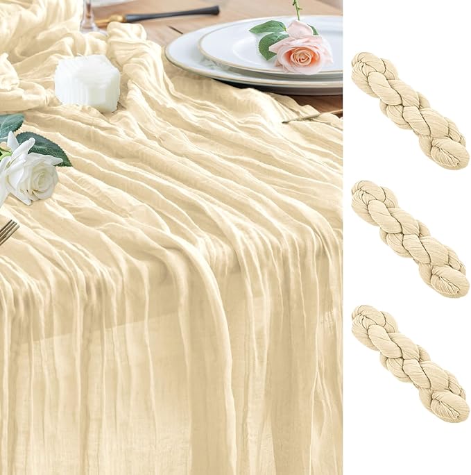 Wokceer Cheesecloth Table Runner 3Pack 10FT Beige Christmas Boho Gauze Cheese Cloth Table Runner for Party Easter Rustic Sheer Table Runners for Baby Bridal Shower Wedding Table Decor
