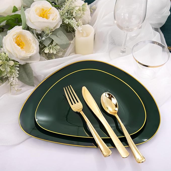 DaYammi 180Pcs Green Plastic Plates, Green Gold Disposable Plates with Gold Silverware Dinnerware Set Include: 30 Dinner Plate,30 Dessert Plate,90 Plastic Cutlery,30 Cups for Party Dinner Wedding