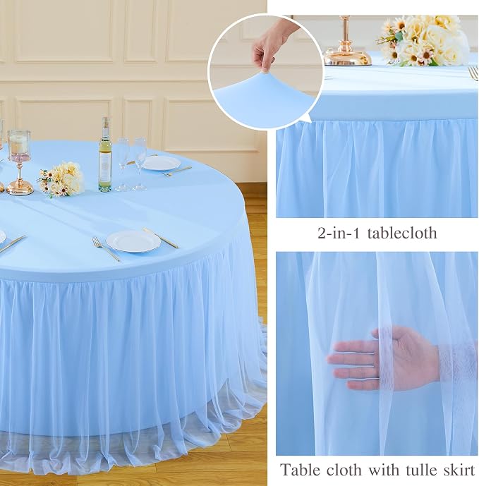 HB HBB MAGIC Baby Blue Tablecloth for Round Table 72 inch Stretchy Elastic Fitted Round Table Cloth Cover 120 inch, Tulle Table Cloth with Skirt Baby Shower Birthday Party Cake Tables Decorations