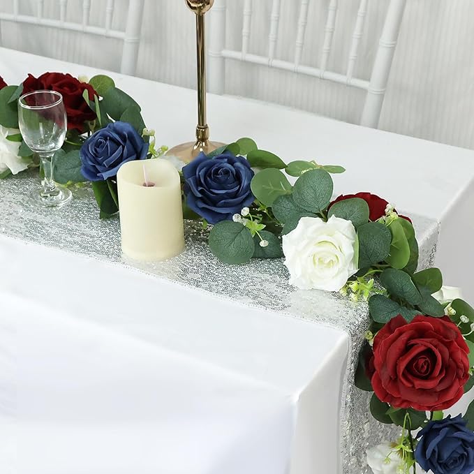 12FT Artificial Eucalyptus Flower Garland with Butterflies - Pack of 2 Fake Rose Faux Greenery Eucalyptus Garlands for Wedding Table Backdrop Centerpieces Decorations - Navy Blue & Burgundy& White