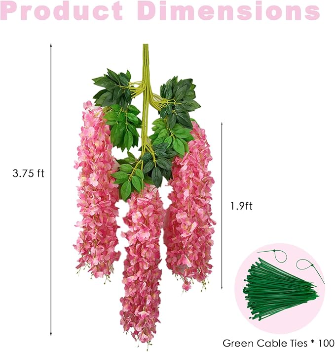 BIRDDIE 48 Pcs of Artificial Wisteria Hanging Flowers, 3.75 Feet Fake Wisteria Flower Strings for Backdrop, Wedding, Ceremony,Garden and Home Wall Decoration (Pink)