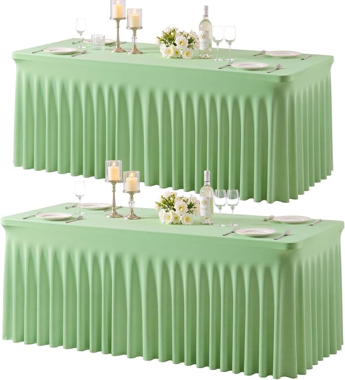 2 Pack Sage Green Table Cloth for 6 Foot Rectangle Tables Spandex Fitted Tablecloth 6ft Stretch Table Covers Skirt Green Banquet Tablecloths Wrinkle Free Tablecloth for Party Wedding Birthday Event